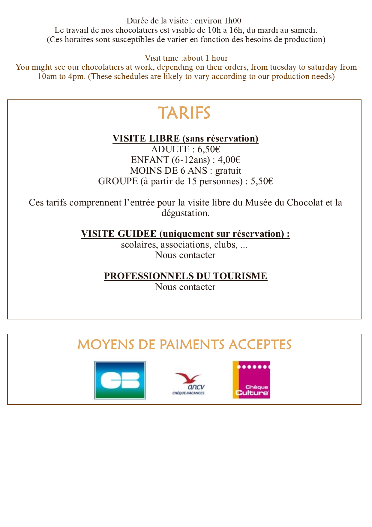 Horaires & Tarifs Gelencser Maître chocolatier